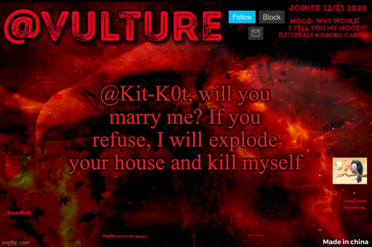 Vultures template that he uses when he wants to say something | @Kit-K0t, will you marry me? If you refuse, I will explode your house and kill myself | image tagged in vultures template that he uses when he wants to say something | made w/ Imgflip meme maker