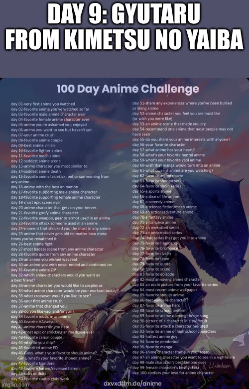 i have to catch up :P | DAY 9: GYUTARU FROM KIMETSU NO YAIBA | image tagged in 100 day anime challenge | made w/ Imgflip meme maker