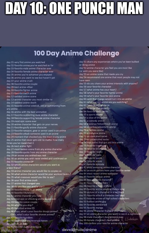 100 day anime challenge | DAY 10: ONE PUNCH MAN | image tagged in 100 day anime challenge | made w/ Imgflip meme maker