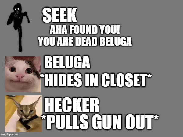 If doors had a discord | SEEK; AHA FOUND YOU!
YOU ARE DEAD BELUGA; BELUGA; *HIDES IN CLOSET*; HECKER; *PULLS GUN OUT* | image tagged in beluga,discord,doors | made w/ Imgflip meme maker