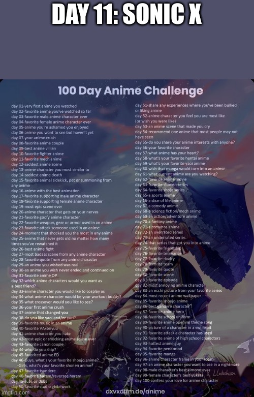 100 day anime challenge | DAY 11: SONIC X | image tagged in 100 day anime challenge | made w/ Imgflip meme maker