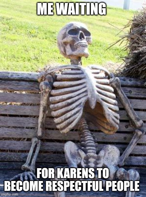 Karens will never be respectful | ME WAITING; FOR KARENS TO BECOME RESPECTFUL PEOPLE | image tagged in memes,waiting skeleton | made w/ Imgflip meme maker