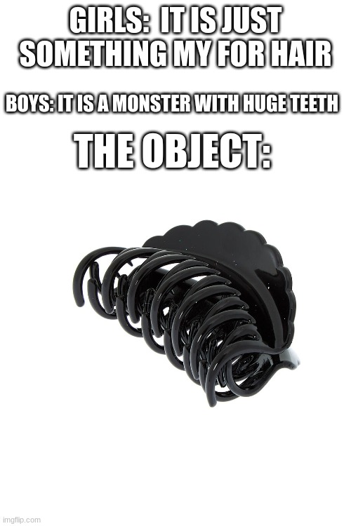 GIRLS:  IT IS JUST SOMETHING MY FOR HAIR; BOYS: IT IS A MONSTER WITH HUGE TEETH; THE OBJECT: | image tagged in monster,childhood | made w/ Imgflip meme maker