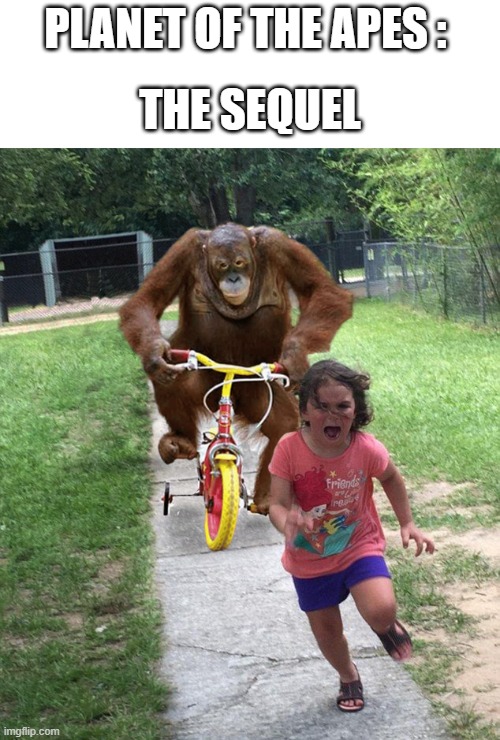 COMING SOON | PLANET OF THE APES :; THE SEQUEL | image tagged in orangutan chasing girl on a tricycle | made w/ Imgflip meme maker