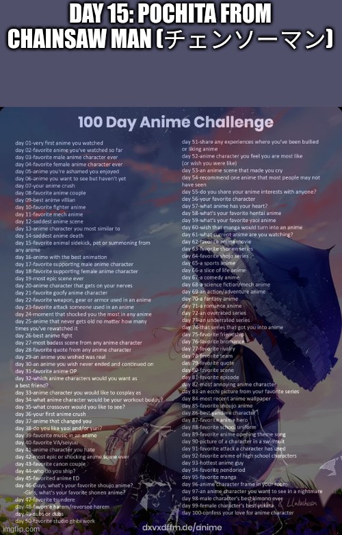 100 day anime challenge | DAY 15: POCHITA FROM CHAINSAW MAN (チェンソーマン) | image tagged in 100 day anime challenge | made w/ Imgflip meme maker