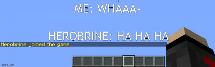 Herobrine joined the game | ME: WHAAA-; HEROBRINE: HA HA HA | image tagged in herobrine joined the game | made w/ Imgflip meme maker