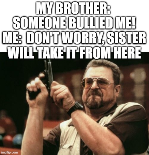 No one messes with my fam! | MY BROTHER:  SOMEONE BULLIED ME!
ME:  DON'T WORRY, SISTER WILL TAKE IT FROM HERE | image tagged in memes,am i the only one around here | made w/ Imgflip meme maker