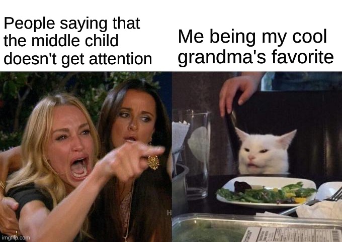 wat Cat Meme | People saying that the middle child doesn't get attention; Me being my cool grandma's favorite | image tagged in memes,woman yelling at cat | made w/ Imgflip meme maker