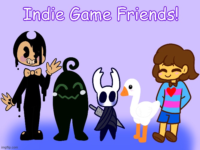 I drew a bunch of my favorite indie game characters together :) | image tagged in batim,stardew valley,hollowknight,untitled goose game,undertale,drawing | made w/ Imgflip meme maker
