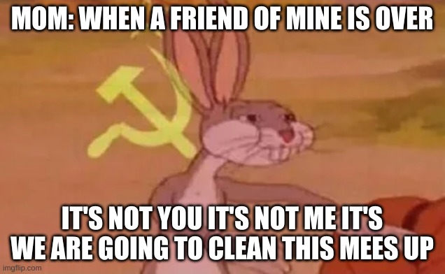 Commusit mom be like | MOM: WHEN A FRIEND OF MINE IS OVER; IT'S NOT YOU IT'S NOT ME IT'S WE ARE GOING TO CLEAN THIS MEES UP | image tagged in bugs bunny communist | made w/ Imgflip meme maker