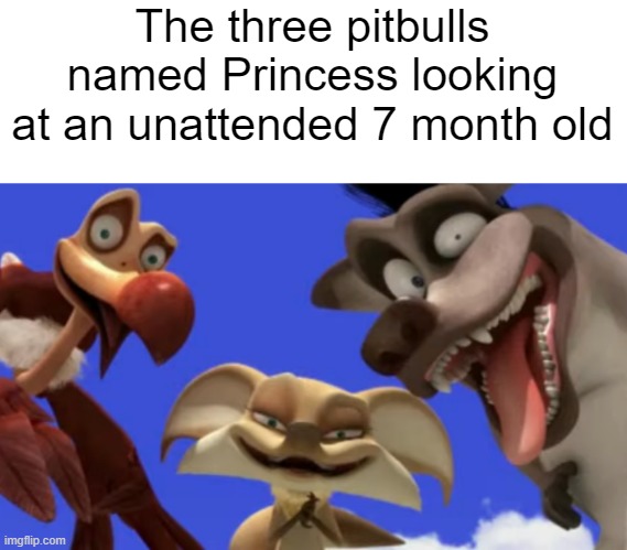 Oh no | The three pitbulls named Princess looking at an unattended 7 month old | made w/ Imgflip meme maker