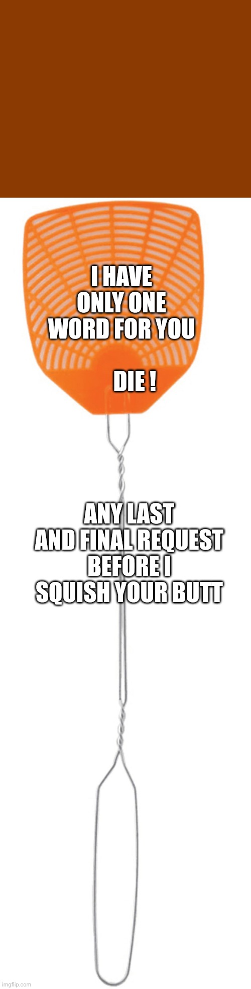 Flyswatter | I HAVE ONLY ONE WORD FOR YOU
           DIE ! ANY LAST AND FINAL REQUEST BEFORE I SQUISH YOUR BUTT | image tagged in flyswatter | made w/ Imgflip meme maker