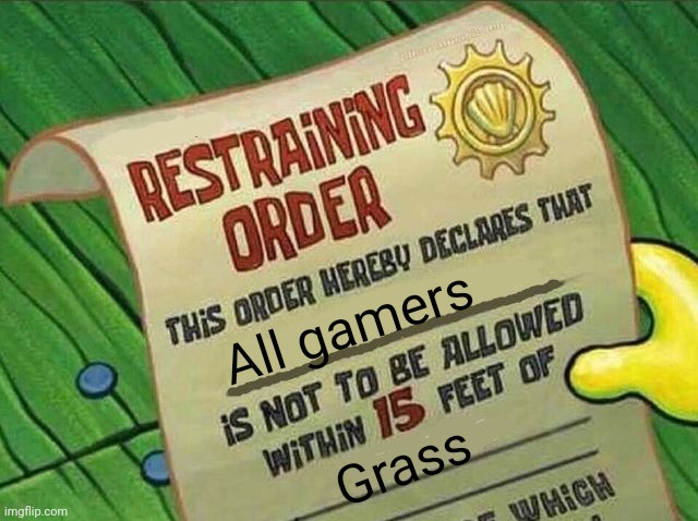 Mmh hmm | All gamers; Grass | image tagged in restraining order,touch grass,kirk,dellios,sus | made w/ Imgflip meme maker