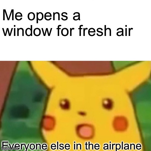 Surprised Pikachu Meme | Me opens a window for fresh air; Everyone else in the airplane | image tagged in memes,surprised pikachu | made w/ Imgflip meme maker