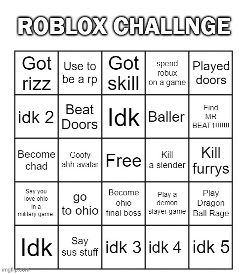 HEHEHEHEHEHEHEH | ROBLOX CHALLNGE; Use to be a rp; Got skill; Played doors; Got rizz; spend robux on a game; Beat Doors; Idk; Baller; idk 2; Find MR BEAT1!!!!!!! Goofy ahh avatar; Become chad; Kill a slender; Kill furrys; Free; go to ohio; Become ohio final boss; Say you love ohio in a military game; Play a demon slayer game; Play Dragon Ball Rage; Idk; Say sus stuff; idk 3; idk 4; idk 5 | image tagged in blank five by five bingo grid | made w/ Imgflip meme maker