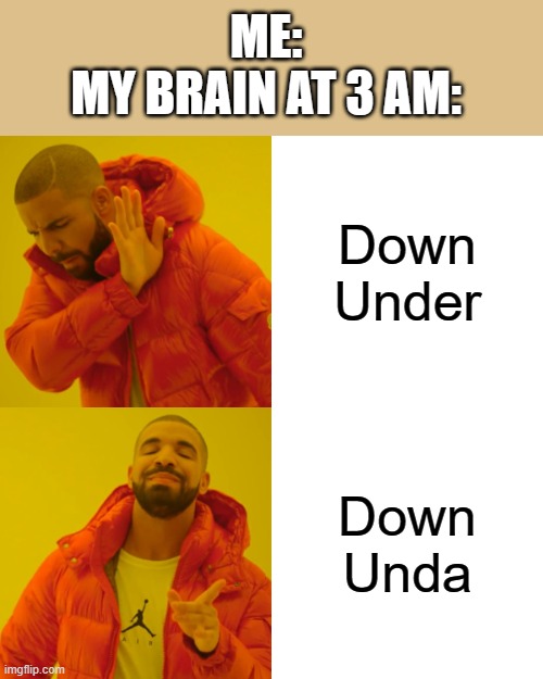 garu down unda | ME:
MY BRAIN AT 3 AM:; Down Under; Down Unda | image tagged in memes,drake hotline bling,down unda | made w/ Imgflip meme maker