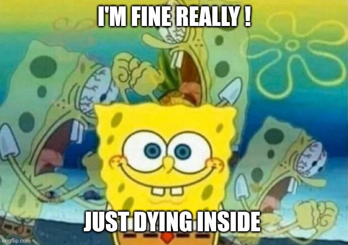 Spongebob internal screaming | I'M FINE REALLY ! JUST DYING INSIDE | image tagged in spongebob internal screaming | made w/ Imgflip meme maker