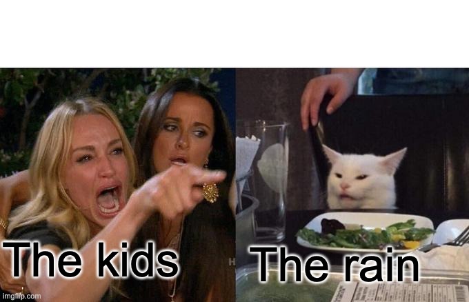 Woman Yelling At Cat Meme | The kids; The rain | image tagged in memes,woman yelling at cat | made w/ Imgflip meme maker