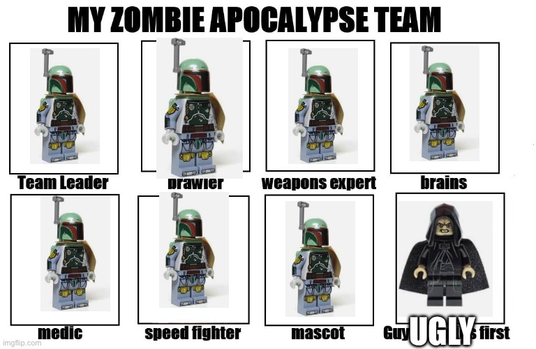 Didn’t post is the StarWars stream because not enough points | UGLY | image tagged in my zombie apocalypse team | made w/ Imgflip meme maker