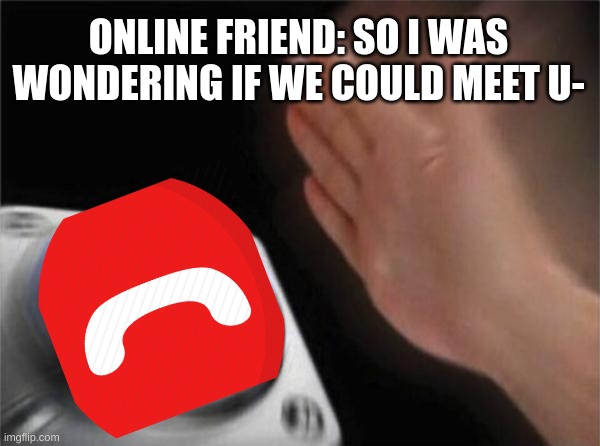 Consider me doing them a favor | ONLINE FRIEND: SO I WAS WONDERING IF WE COULD MEET U- | image tagged in memes,blank nut button | made w/ Imgflip meme maker