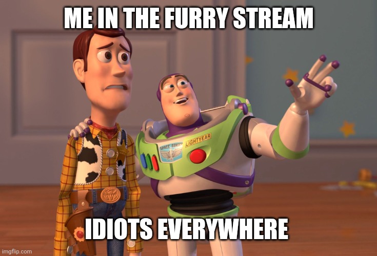 X, X Everywhere | ME IN THE FURRY STREAM; IDIOTS EVERYWHERE | image tagged in memes,x x everywhere | made w/ Imgflip meme maker