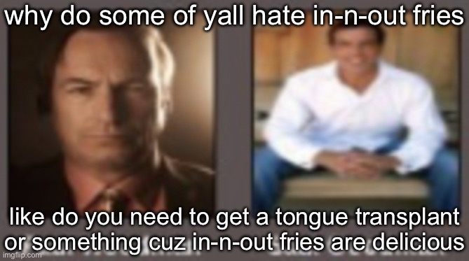 paul vs saul | why do some of yall hate in-n-out fries; like do you need to get a tongue transplant or something cuz in-n-out fries are delicious | image tagged in paul vs saul | made w/ Imgflip meme maker