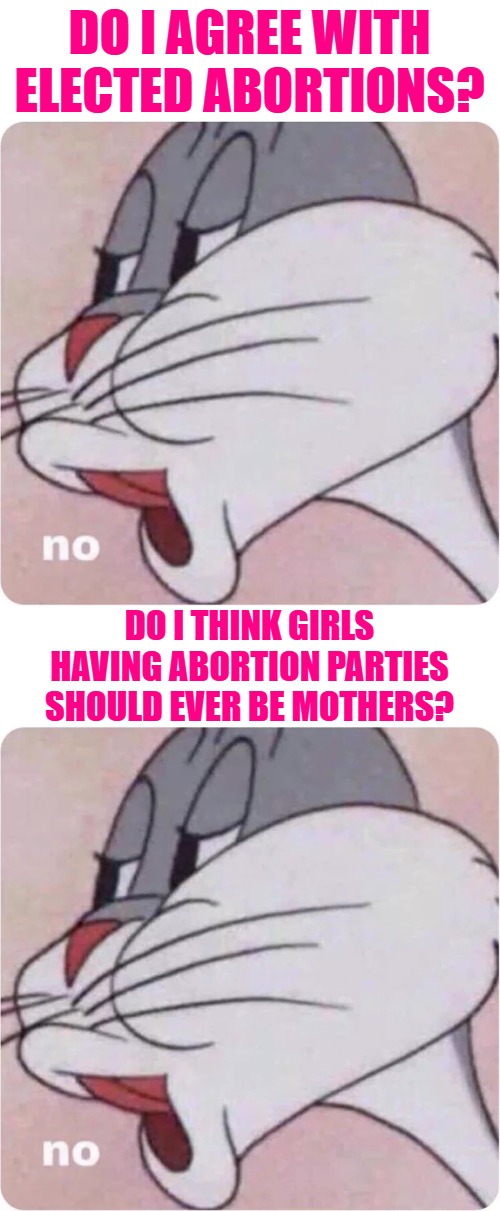 DO I AGREE WITH ELECTED ABORTIONS? DO I THINK GIRLS HAVING ABORTION PARTIES SHOULD EVER BE MOTHERS? | image tagged in bugs bunny no | made w/ Imgflip meme maker