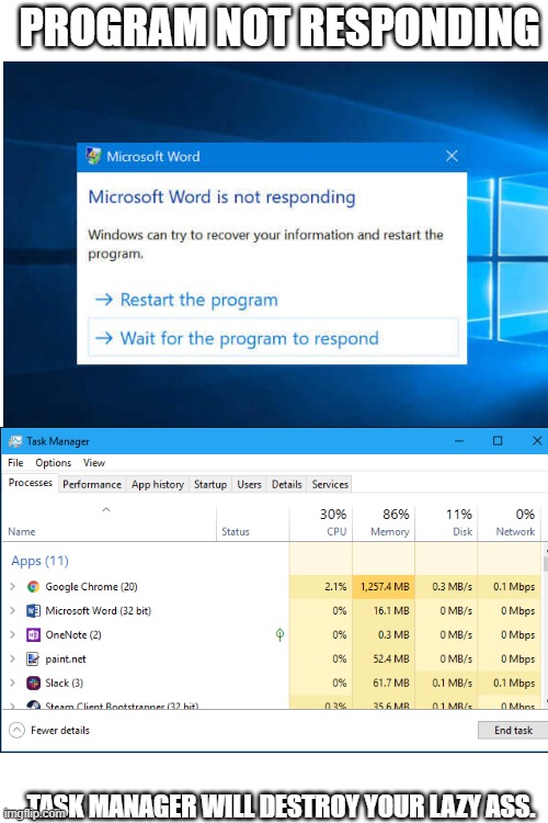 Program Not Responding | PROGRAM NOT RESPONDING; TASK MANAGER WILL DESTROY YOUR LAZY ASS. | image tagged in memes,computer,task manager | made w/ Imgflip meme maker