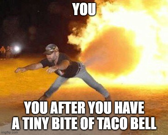 taco bell be like | YOU; YOU AFTER YOU HAVE A TINY BITE OF TACO BELL | image tagged in taco bell strikes again | made w/ Imgflip meme maker