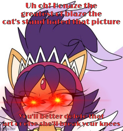 Honaze hated that | Uh oh! Honaze the greatest of blaze the cat's stand hated that picture; You'll better delete that art or else she'll break your knees | image tagged in honaze,blaze the cat,honey the cat | made w/ Imgflip meme maker
