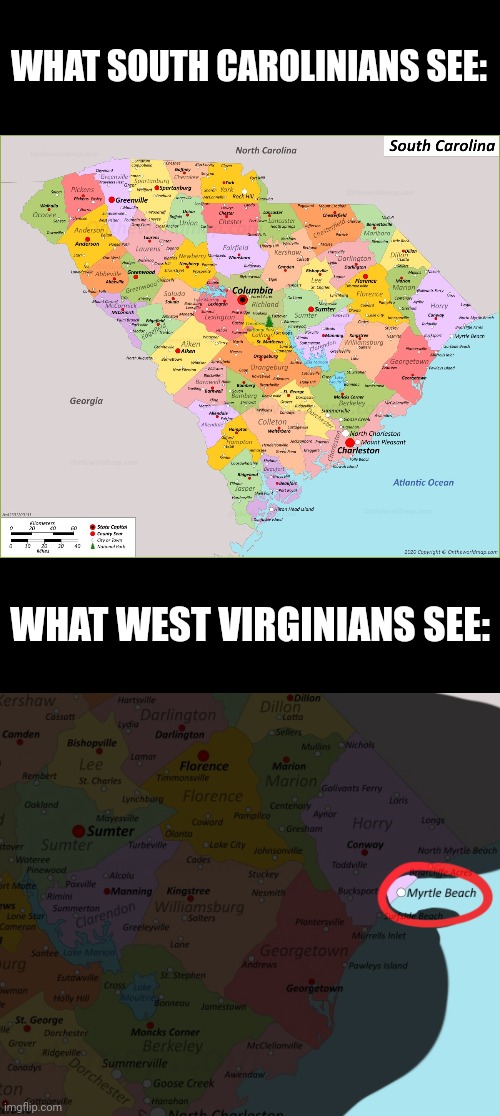 THEY ALWAYS GO THERE | WHAT SOUTH CAROLINIANS SEE:; WHAT WEST VIRGINIANS SEE: | image tagged in blank black,south carolina,west virginia,it do be like that,vacation,beach | made w/ Imgflip meme maker