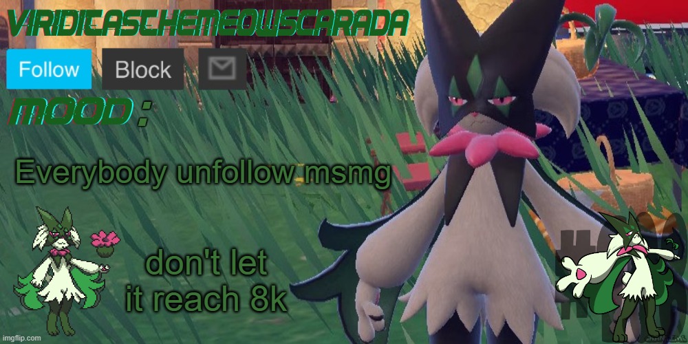 Viridicas | Everybody unfollow msmg; don't let it reach 8k | image tagged in viridicas | made w/ Imgflip meme maker