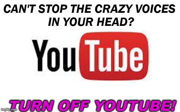 CAN'T STOP THE CRAZY VOICES IN YOUR HEAD? TURN OFF YOUTUBE! | CAN'T STOP THE CRAZY VOICES 
IN YOUR HEAD? TURN OFF YOUTUBE! | image tagged in scumbag youtube | made w/ Imgflip meme maker