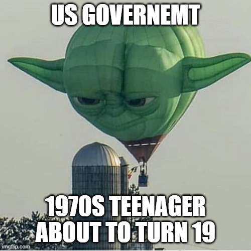 Yoda Balloon | US GOVERNEMT; 1970S TEENAGER ABOUT TO TURN 19 | image tagged in yoda balloon | made w/ Imgflip meme maker