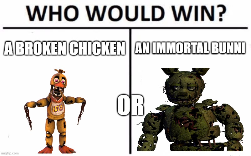 fnaf, don't sew me | A BROKEN CHICKEN; AN IMMORTAL BUNNI; OR | image tagged in memes,who would win | made w/ Imgflip meme maker