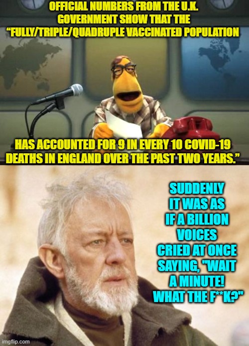 Naturally our leftist controlled Mainstream Media will get right on this . . . riiiiiiight. | OFFICIAL NUMBERS FROM THE U.K. GOVERNMENT SHOW THAT THE “FULLY/TRIPLE/QUADRUPLE VACCINATED POPULATION; HAS ACCOUNTED FOR 9 IN EVERY 10 COVID-19 DEATHS IN ENGLAND OVER THE PAST TWO YEARS.”; SUDDENLY IT WAS AS IF A BILLION VOICES CRIED AT ONCE SAYING, "WAIT A MINUTE!  WHAT THE F**K?" | image tagged in muppet news flash | made w/ Imgflip meme maker
