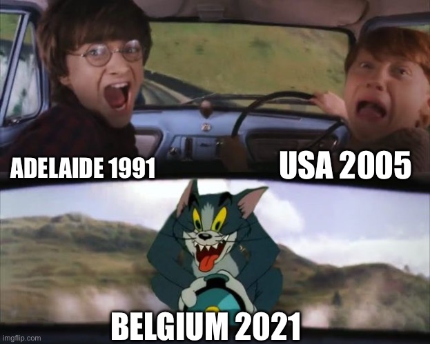 Tom chasing Harry and Ron Weasly | USA 2005; ADELAIDE 1991; BELGIUM 2021 | image tagged in tom chasing harry and ron weasly,f1 | made w/ Imgflip meme maker