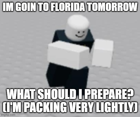 tell me. | IM GOIN TO FLORIDA TOMORROW; WHAT SHOULD I PREPARE? (I'M PACKING VERY LIGHTLY) | image tagged in distraction dummy | made w/ Imgflip meme maker