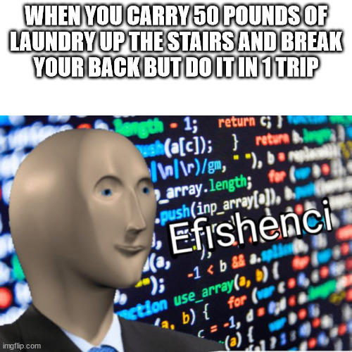 efishenci | WHEN YOU CARRY 50 POUNDS OF
LAUNDRY UP THE STAIRS AND BREAK
YOUR BACK BUT DO IT IN 1 TRIP | image tagged in efishenci | made w/ Imgflip meme maker