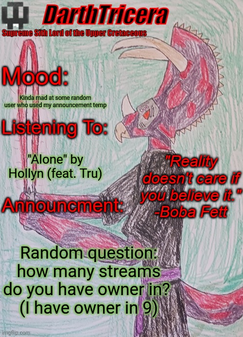 Kinda mad at some random user who used my announcement temp; "Alone" by Hollyn (feat. Tru); Random question: how many streams do you have owner in? 
(I have owner in 9) | image tagged in darthtricera announcement template,owner | made w/ Imgflip meme maker