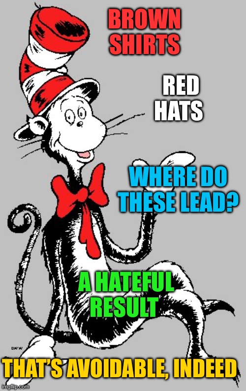 Dr Seuss | BROWN SHIRTS RED HATS WHERE DO THESE LEAD? A HATEFUL RESULT THAT’S AVOIDABLE, INDEED | image tagged in dr seuss | made w/ Imgflip meme maker