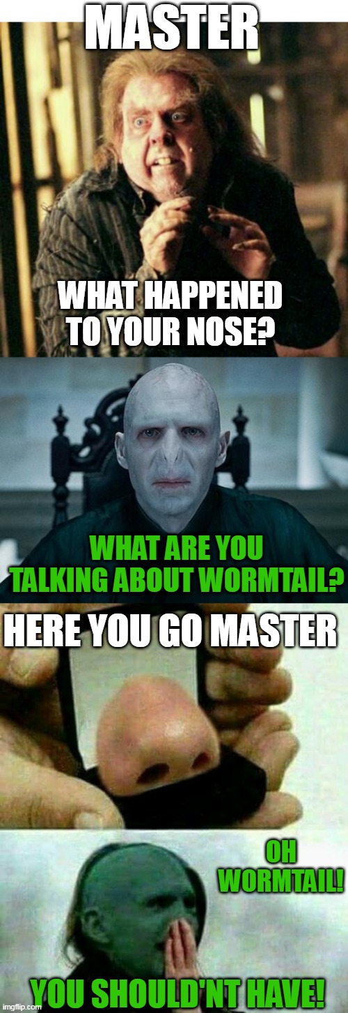 HE GETS HIS NOSE BACK | MASTER; WHAT HAPPENED TO YOUR NOSE? WHAT ARE YOU TALKING ABOUT WORMTAIL? HERE YOU GO MASTER; OH WORMTAIL! YOU SHOULD'NT HAVE! | image tagged in lord voldemort,harry potter,harry potter meme,voldemort | made w/ Imgflip meme maker