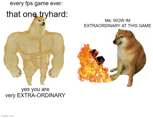 do yall agree? | every fps game ever:; that one tryhard:; Me: WOW IM EXTRAORDINARY AT THIS GAME; yes you are very EXTRA-ORDINARY | image tagged in memes,buff doge vs cheems | made w/ Imgflip meme maker