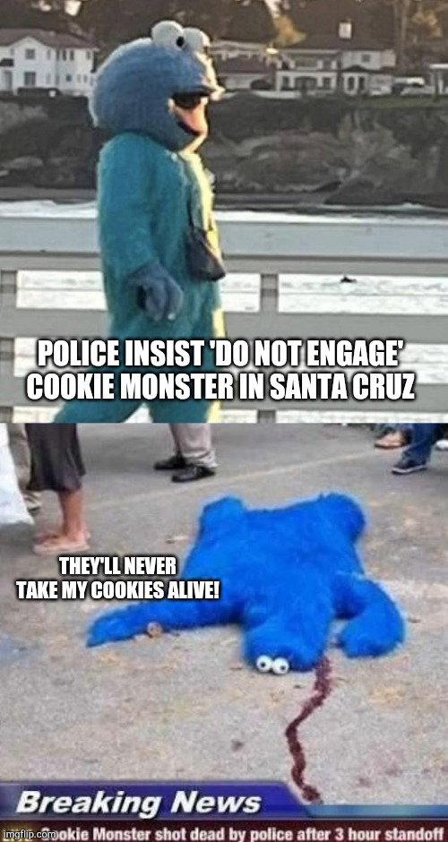 Lets not let it get to this, people | POLICE INSIST 'DO NOT ENGAGE' COOKIE MONSTER IN SANTA CRUZ; THEY'LL NEVER TAKE MY COOKIES ALIVE! | image tagged in cookie monster shot by police,cookie d'oh | made w/ Imgflip meme maker