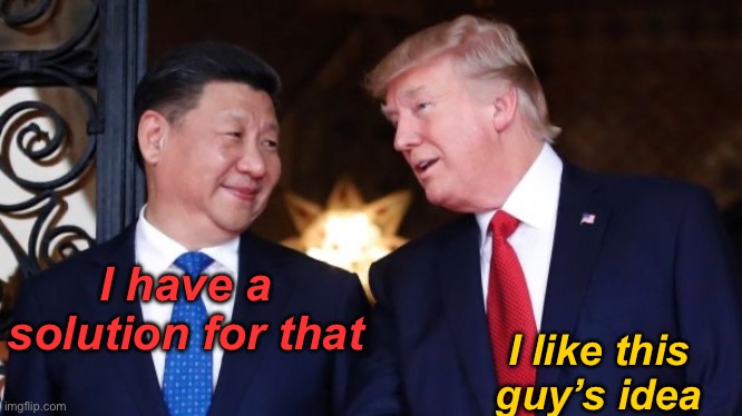 Trump And Jinping | I have a solution for that I like this guy’s idea | image tagged in trump and jinping | made w/ Imgflip meme maker