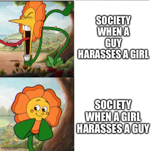 Double Standards | SOCIETY WHEN A GUY HARASSES A GIRL; SOCIETY WHEN A GIRL HARASSES A GUY | image tagged in cup head boss meme | made w/ Imgflip meme maker