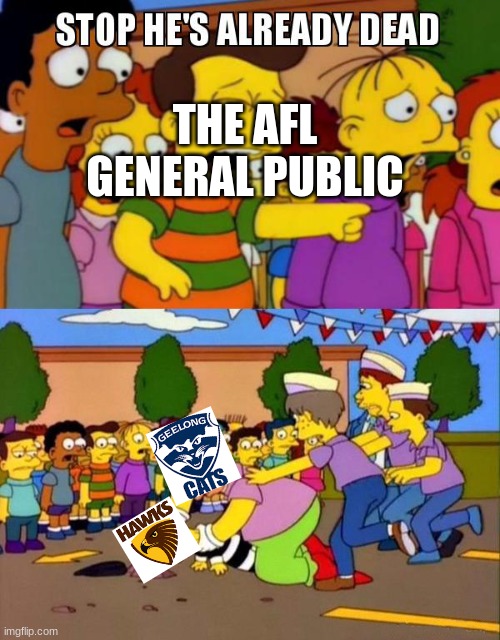 That Preseason match was a slaughter | THE AFL GENERAL PUBLIC | image tagged in stop he's already dead,afl,geelong cats,hawthorn hawks | made w/ Imgflip meme maker