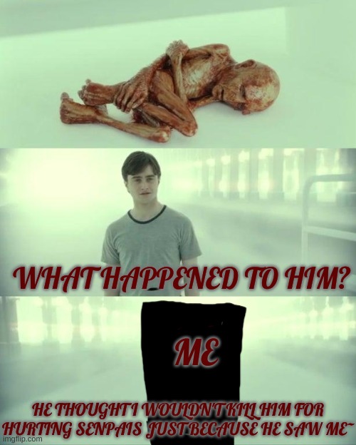 Dead Baby Voldemort / What Happened To Him | WHAT HAPPENED TO HIM? HE THOUGHT I WOULDN'T KILL HIM FOR HURTING SENPAIS JUST BECAUSE HE SAW ME~ ME | image tagged in dead baby voldemort / what happened to him | made w/ Imgflip meme maker