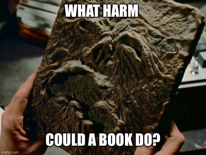 Necronomicon | WHAT HARM COULD A BOOK DO? | image tagged in necronomicon | made w/ Imgflip meme maker