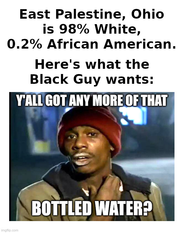 Here's What The Black Guy Wants | image tagged in black,guy,wants,bottled water,east palestine ohio,train wreck | made w/ Imgflip meme maker
